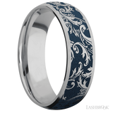 7 mm wide/Domed/Titanium band with a laser carved Black Leaf pattern.
