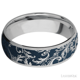 7 mm wide/Domed/Titanium band with a laser carved Black Leaf pattern.
