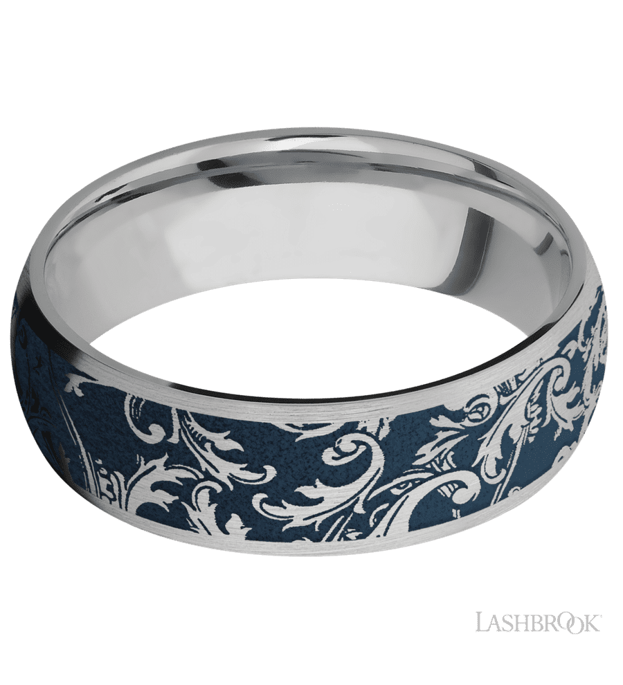 7 mm wide/Domed/Titanium band with a laser carved Black Leaf pattern.