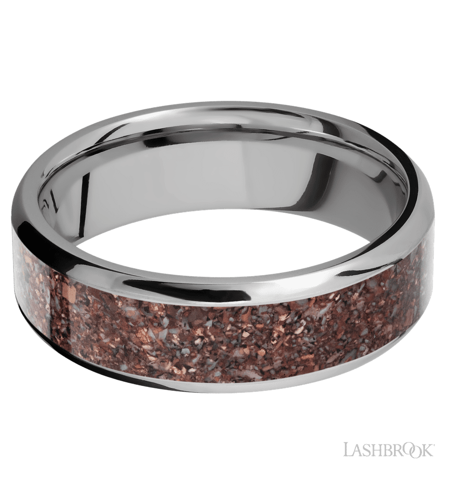 7 mm wide/Beveled/Titanium band with one 5 mm Centered inlay of Dinosaur Bone Mixed.