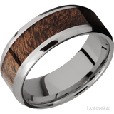 8 mm wide/Beveled/Titanium band with one 5 mm Centered inlay of Sapele.
