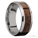 8 mm wide/Beveled/Titanium band with one 5 mm Centered inlay of Sapele.