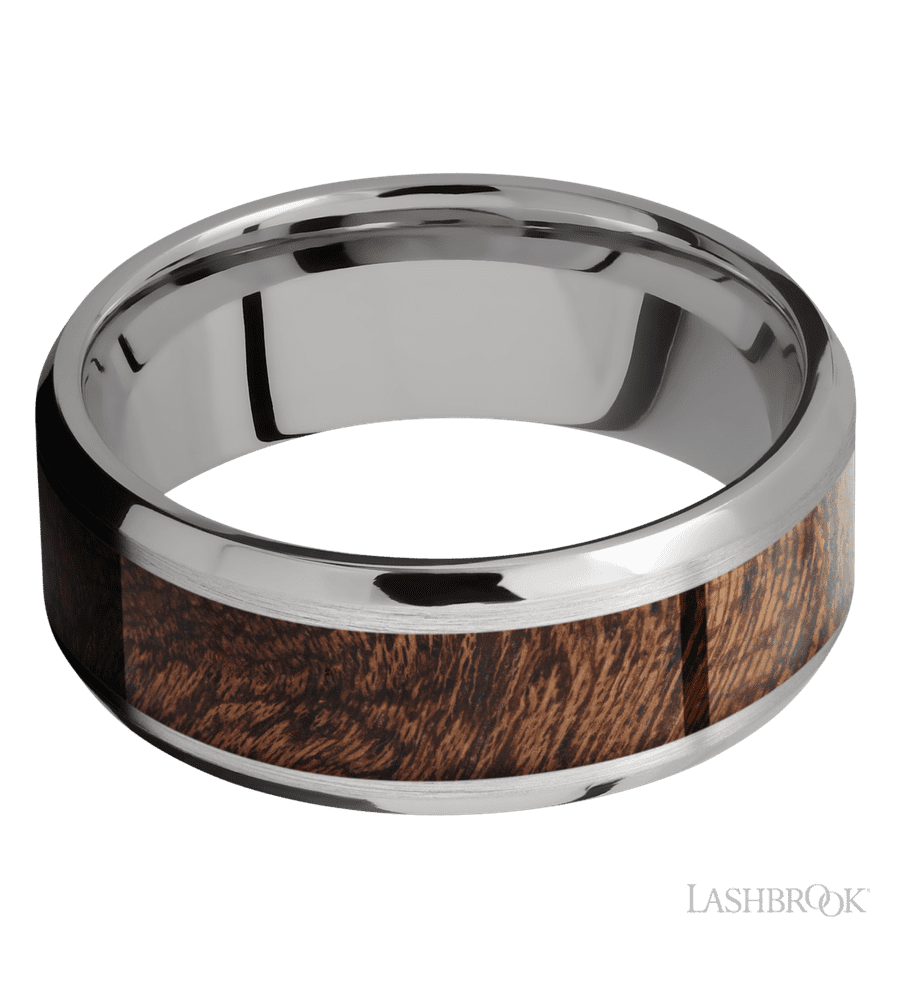8 mm wide/Beveled/Titanium band with one 5 mm Centered inlay of Sapele.