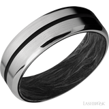 7 mm wide/Beveled/Titanium band with one 1 mm Centered inlay of Black also featuring a Forged Carbon Fiber sleeve.