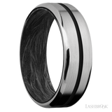 7 mm wide/Beveled/Titanium band with one 1 mm Centered inlay of Black also featuring a Forged Carbon Fiber sleeve.