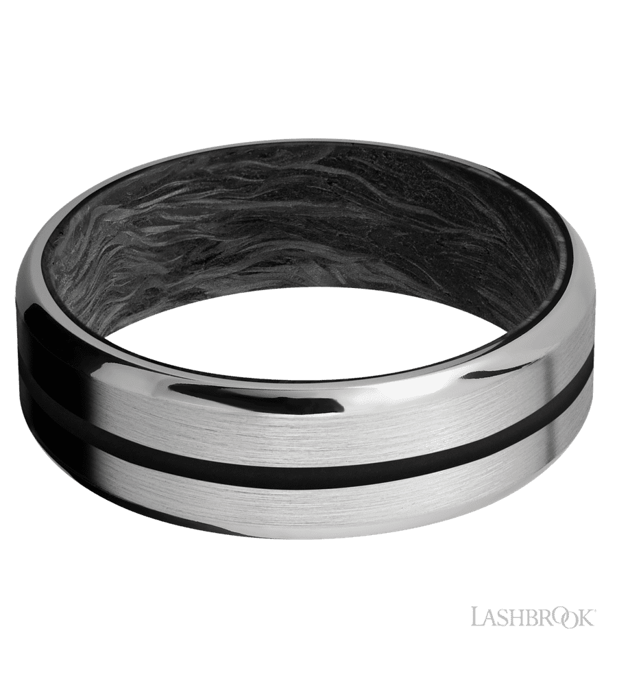 7 mm wide/Beveled/Titanium band with one 1 mm Centered inlay of Black also featuring a Forged Carbon Fiber sleeve.