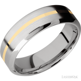 7 mm wide/High Bevel/14K White Gold band with one 1 mm Centered inlay of 14K Yellow Gold.