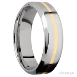 7 mm wide/High Bevel/14K White Gold band with one 1 mm Centered inlay of 14K Yellow Gold.