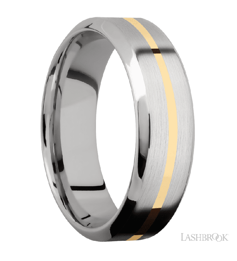 7 mm wide/High Bevel/14K White Gold band with one 1 mm Centered inlay of 14K Yellow Gold.