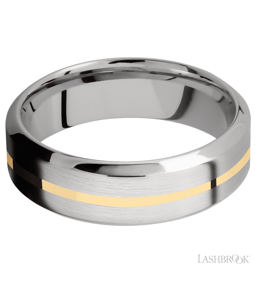 7 mm wide/High Bevel/14K White Gold band with one 1 mm Centered inlay of 14K Yellow Gold.