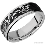 7 mm wide/Flat/Cobalt Chrome band with a laser carved Black Leaf pattern.