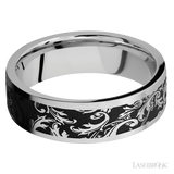 7 mm wide/Flat/Cobalt Chrome band with a laser carved Black Leaf pattern.