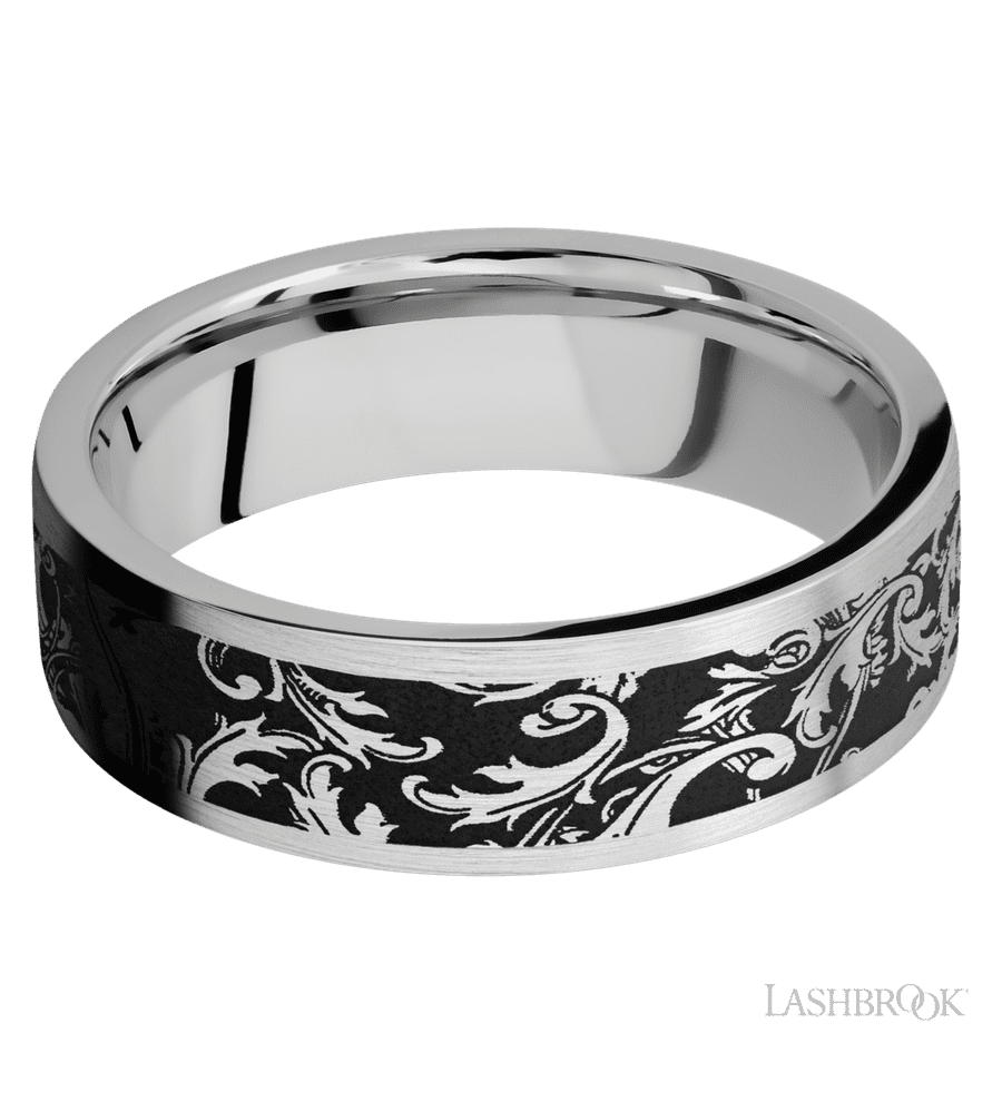 7 mm wide/Flat/Cobalt Chrome band with a laser carved Black Leaf pattern.