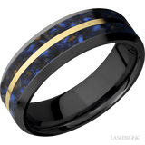 7 mm wide/Beveled/Zirconium band featuring inlays of Blue Tiger Eye and 14K Yellow Gold.
