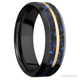7 mm wide/Beveled/Zirconium band featuring inlays of Blue Tiger Eye and 14K Yellow Gold.