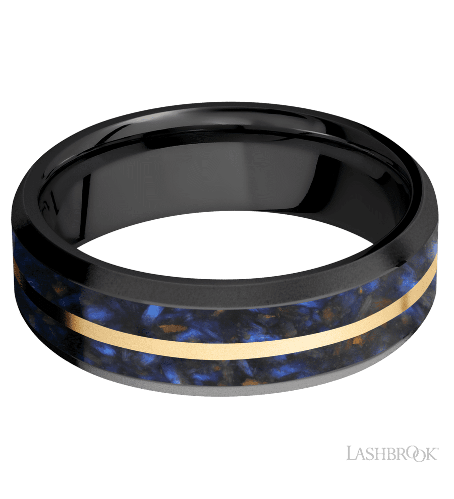 7 mm wide/Beveled/Zirconium band featuring inlays of Blue Tiger Eye and 14K Yellow Gold.