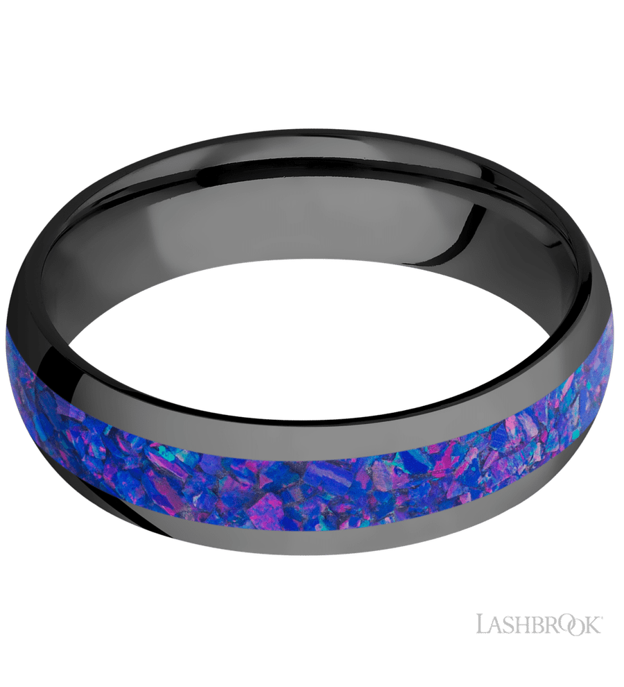 6 mm wide/Domed/Zirconium band with one 3 mm Centered inlay of Purple Opal.