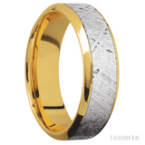 7 mm wide/High Bevel/18K Yellow Gold band with one 4 mm Centered inlay of Meteorite.
