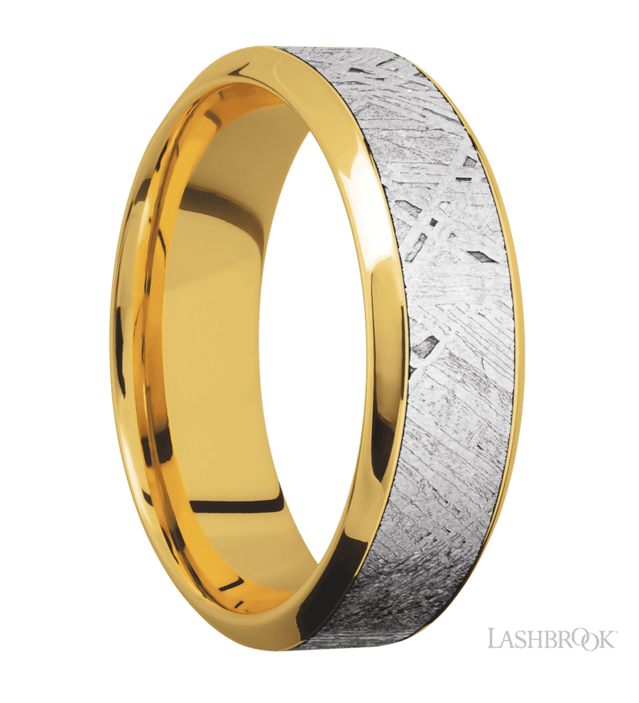 7 mm wide/High Bevel/18K Yellow Gold band with one 4 mm Centered inlay of Meteorite.