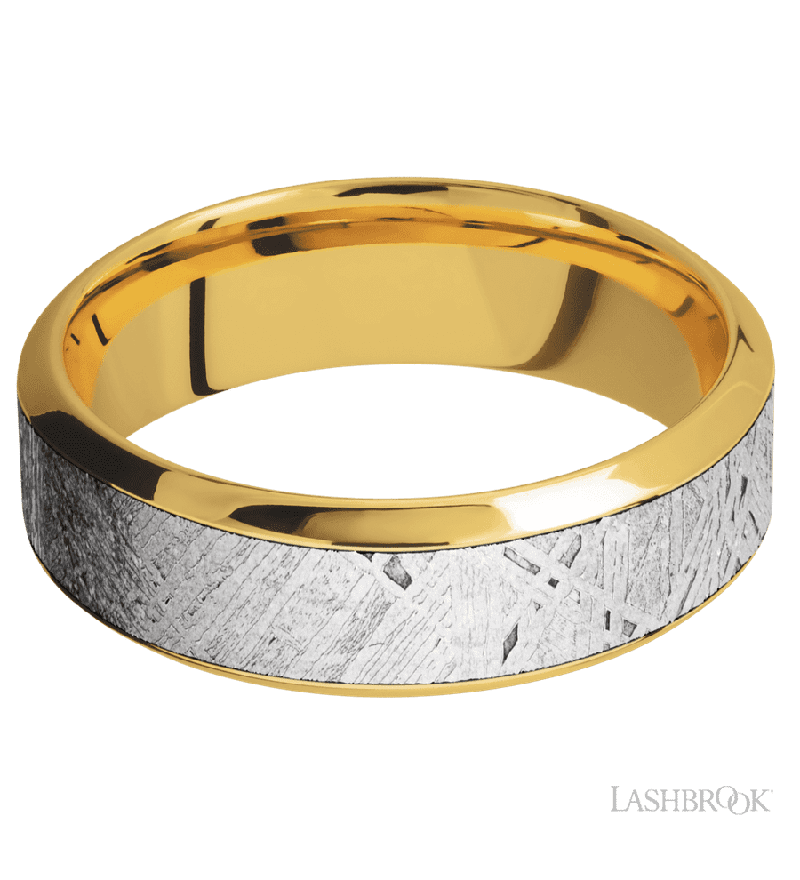7 mm wide/High Bevel/18K Yellow Gold band with one 4 mm Centered inlay of Meteorite.
