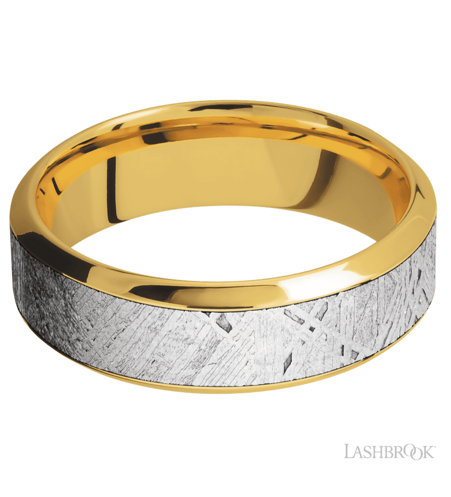 7 mm wide/High Bevel/18K Yellow Gold band with one 4 mm Centered inlay of Meteorite.