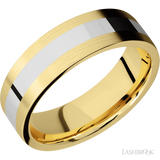 7 mm wide/Flat/14K Yellow Gold band with one 3 mm Centered inlay of 14K White Gold.