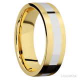 7 mm wide/Flat/14K Yellow Gold band with one 3 mm Centered inlay of 14K White Gold.