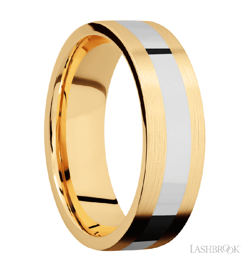 7 mm wide/Flat/14K Yellow Gold band with one 3 mm Centered inlay of 14K White Gold.