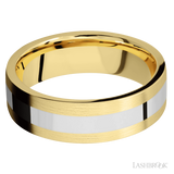 7 mm wide/Flat/14K Yellow Gold band with one 3 mm Centered inlay of 14K White Gold.
