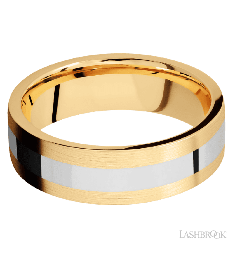 7 mm wide/Flat/14K Yellow Gold band with one 3 mm Centered inlay of 14K White Gold.