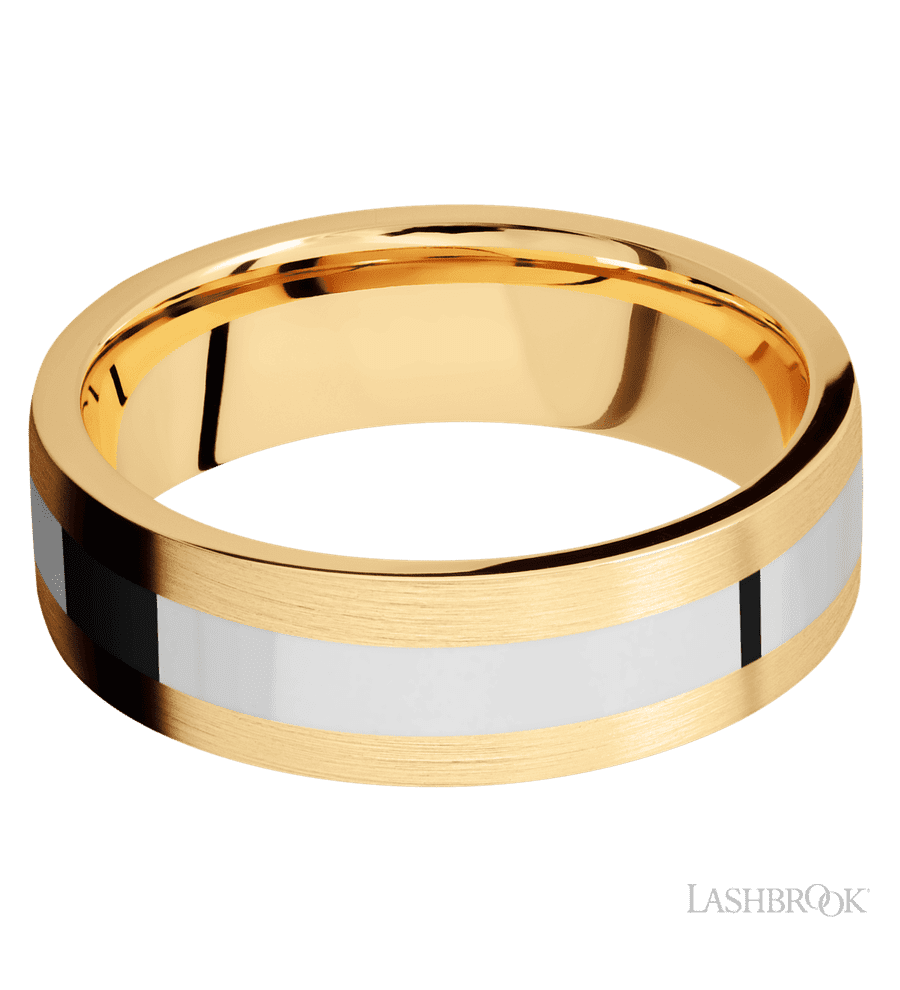 7 mm wide/Flat/14K Yellow Gold band with one 3 mm Centered inlay of 14K White Gold.