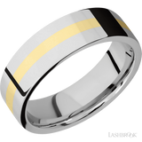7 mm wide/Flat/14K White Gold band with one 2 mm Centered inlay of 14K Yellow Gold.