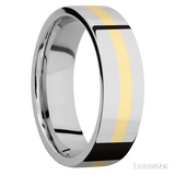 7 mm wide/Flat/14K White Gold band with one 2 mm Centered inlay of 14K Yellow Gold.