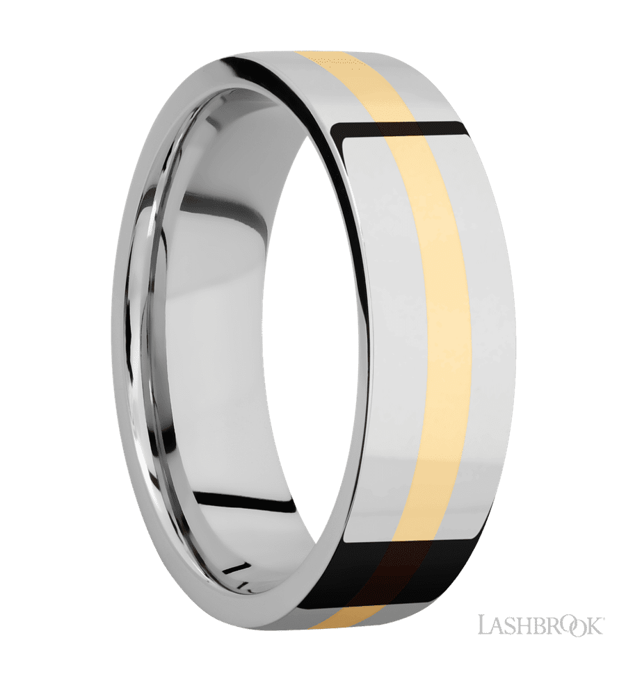 7 mm wide/Flat/14K White Gold band with one 2 mm Centered inlay of 14K Yellow Gold.