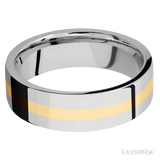 7 mm wide/Flat/14K White Gold band with one 2 mm Centered inlay of 14K Yellow Gold.