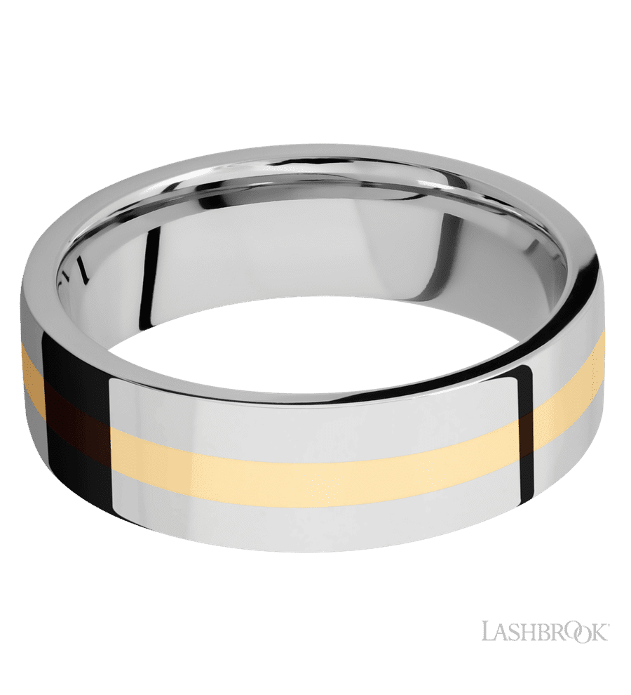 7 mm wide/Flat/14K White Gold band with one 2 mm Centered inlay of 14K Yellow Gold.