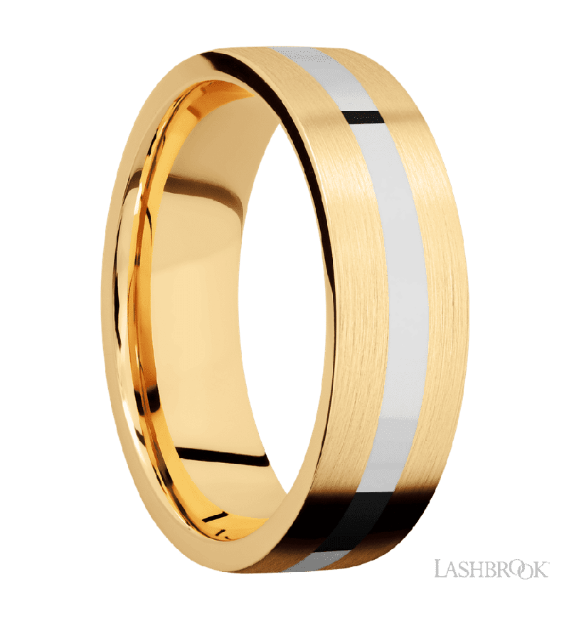 7 mm wide/Flat/14K Yellow Gold band with one 2 mm Centered inlay of 14K White Gold.