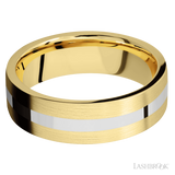 7 mm wide/Flat/14K Yellow Gold band with one 2 mm Centered inlay of 14K White Gold.