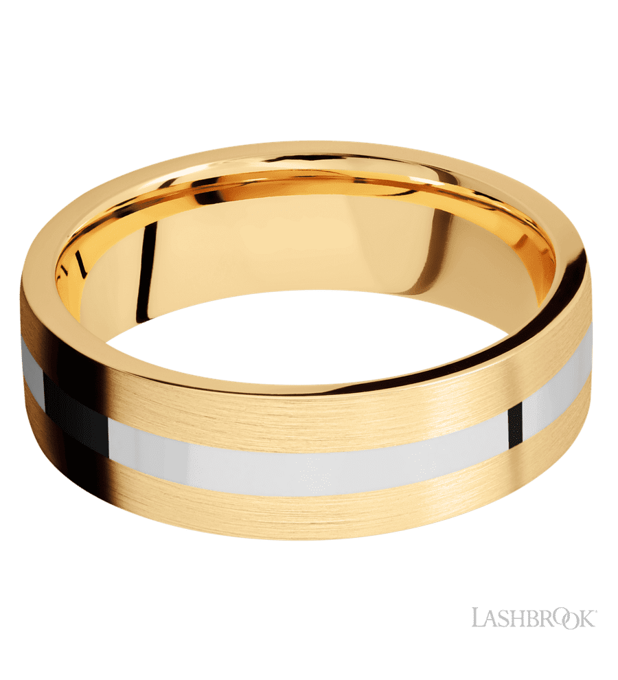 7 mm wide/Flat/14K Yellow Gold band with one 2 mm Centered inlay of 14K White Gold.