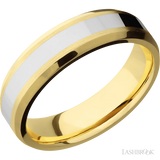 6 mm wide/Beveled/14K Yellow Gold band with one 3 mm Centered inlay of 14K White Gold.