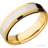 6 mm wide/Beveled/14K Yellow Gold band with one 3 mm Centered inlay of 14K White Gold.