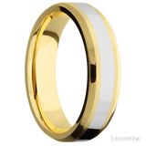 6 mm wide/Beveled/14K Yellow Gold band with one 3 mm Centered inlay of 14K White Gold.