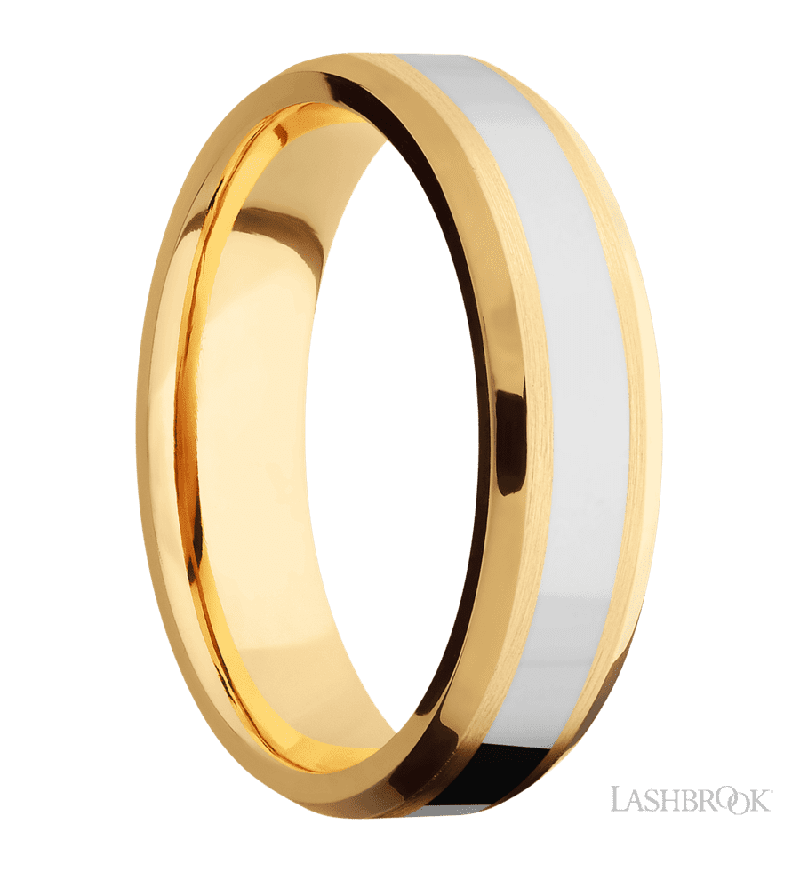 6 mm wide/Beveled/14K Yellow Gold band with one 3 mm Centered inlay of 14K White Gold.