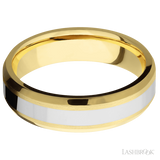 6 mm wide/Beveled/14K Yellow Gold band with one 3 mm Centered inlay of 14K White Gold.