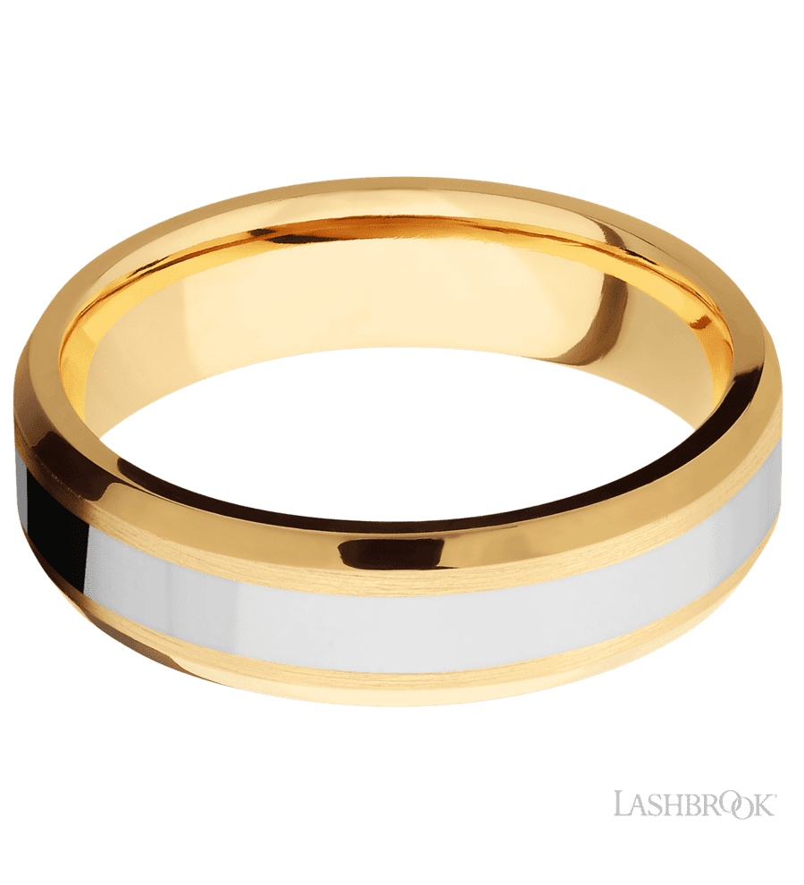 6 mm wide/Beveled/14K Yellow Gold band with one 3 mm Centered inlay of 14K White Gold.