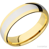 6 mm wide/Domed/14K Yellow Gold band with one 3 mm Centered inlay of 14K White Gold.