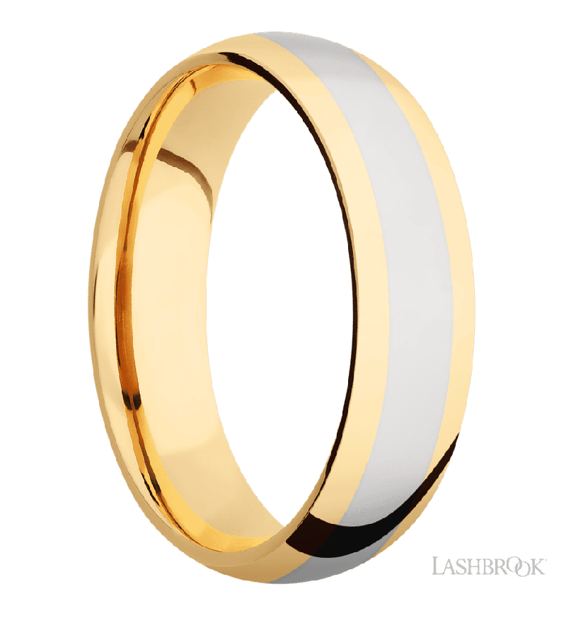 6 mm wide/Domed/14K Yellow Gold band with one 3 mm Centered inlay of 14K White Gold.
