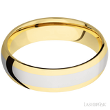 6 mm wide/Domed/14K Yellow Gold band with one 3 mm Centered inlay of 14K White Gold.