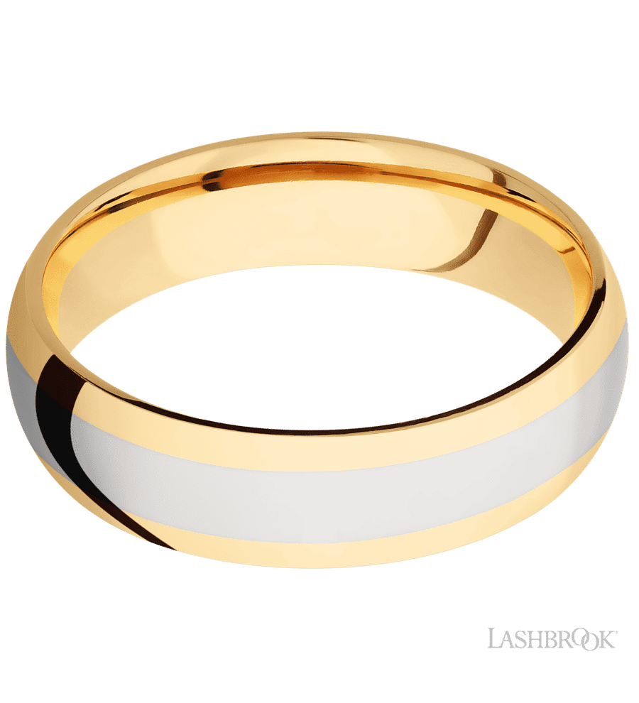 6 mm wide/Domed/14K Yellow Gold band with one 3 mm Centered inlay of 14K White Gold.