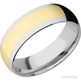 7 mm wide/Domed/14K White Gold band with one 4 mm Centered inlay of 14K Yellow Gold.